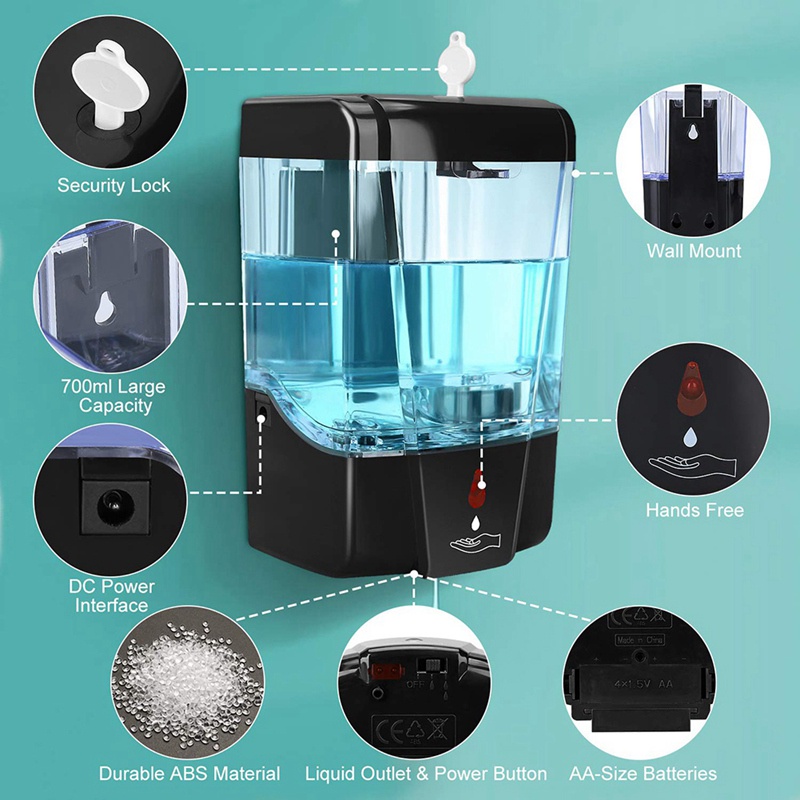 Bình Đựng Xà Phòng Gắn Tường 700Ml Cảm Biến Chuyển Động Hồng Ngoại Tự Động Không Cần Chạm Cho Nhà Bếp / Khách Sạn