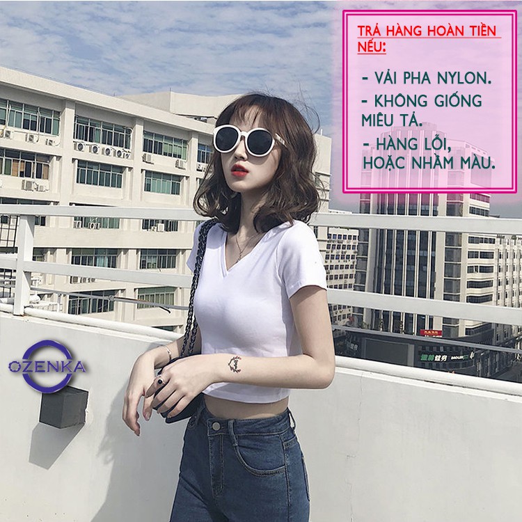 Áo croptop cổ chữ v dáng ôm  ozenka , áo kiểu crt tay ngắn sexy nữ đen trắng vải thun gân 100% cotton CRTV 258