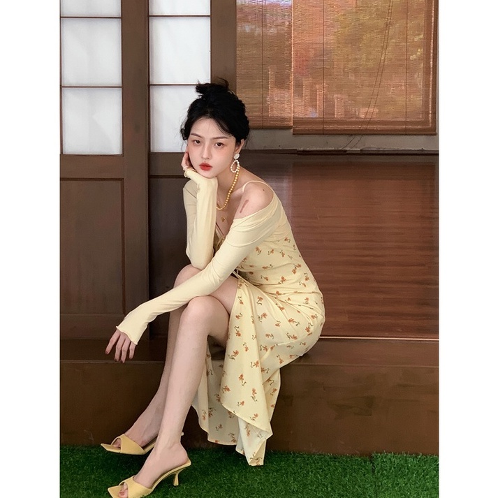 Set Áo Cadigan Mỏng + Váy 2 Dây Summer Trend Họa Tiết Hoa Nhí Kiểu Pháp Retro Cho Nữ