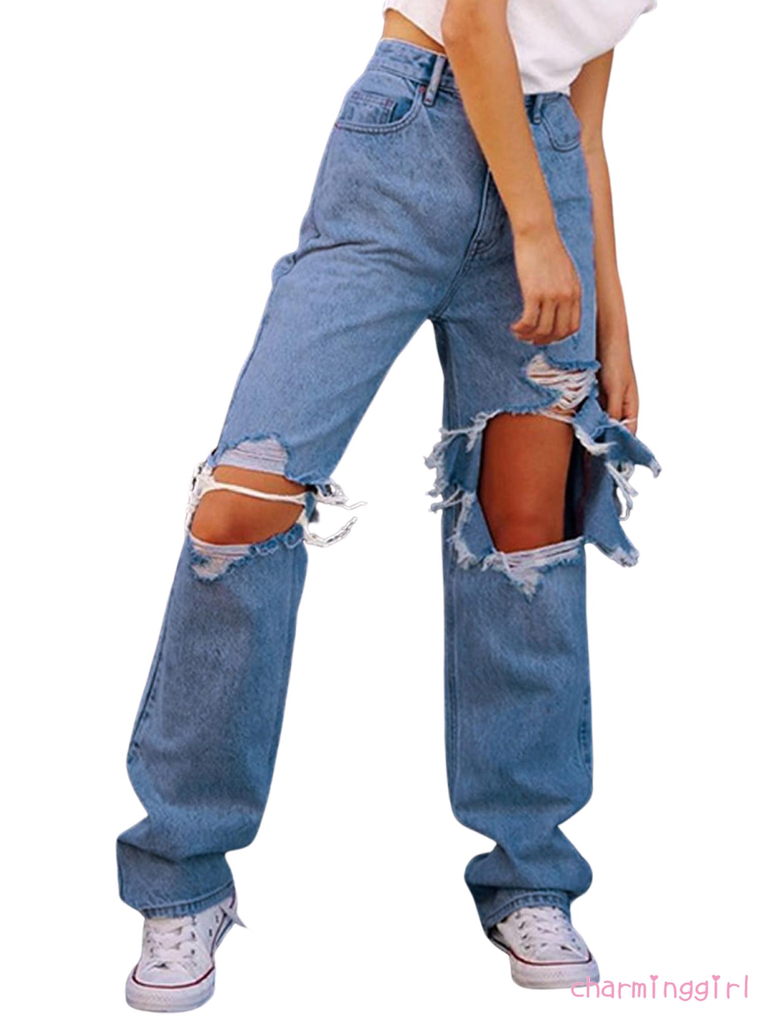 Quần Jeans Dài Lưng Cao Phối Vết Rách Cá Tính Cho Nữ | BigBuy360 - bigbuy360.vn