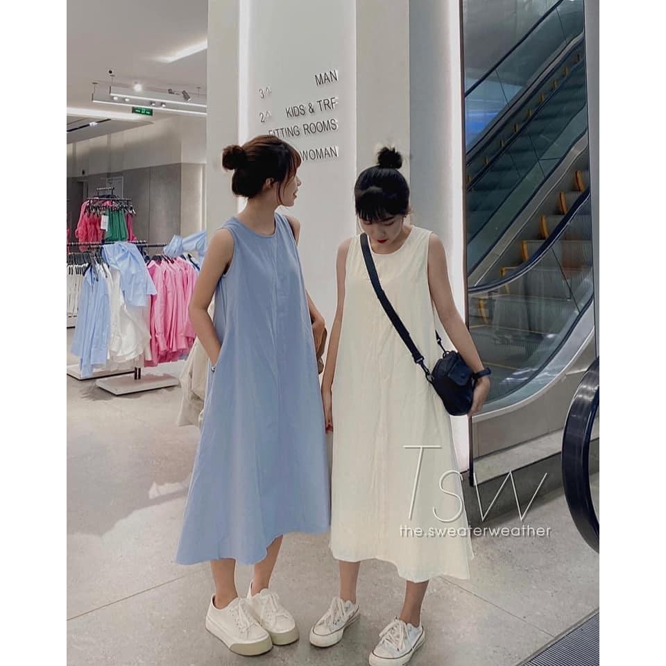 Váy đũi sát nách cổ tròn cực mát Đầm nữ ba lỗ nhiều màu có túi