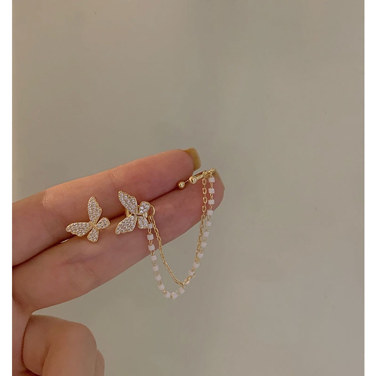 Bông Tai Tua Rua Dáng Dài Bằng Kim Loại Đính Đá Hình Bướm Dễ Thương Phong Cách Hàn Quốc Thời Trang Cho Nữ