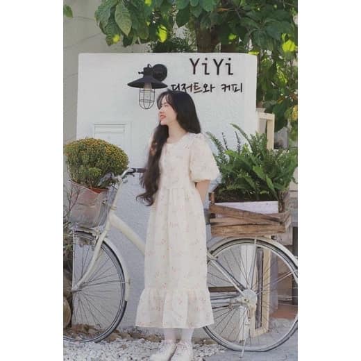 Đầm Maxi Hoa Đuôi Cá Tay Bồng Voan Hoa
