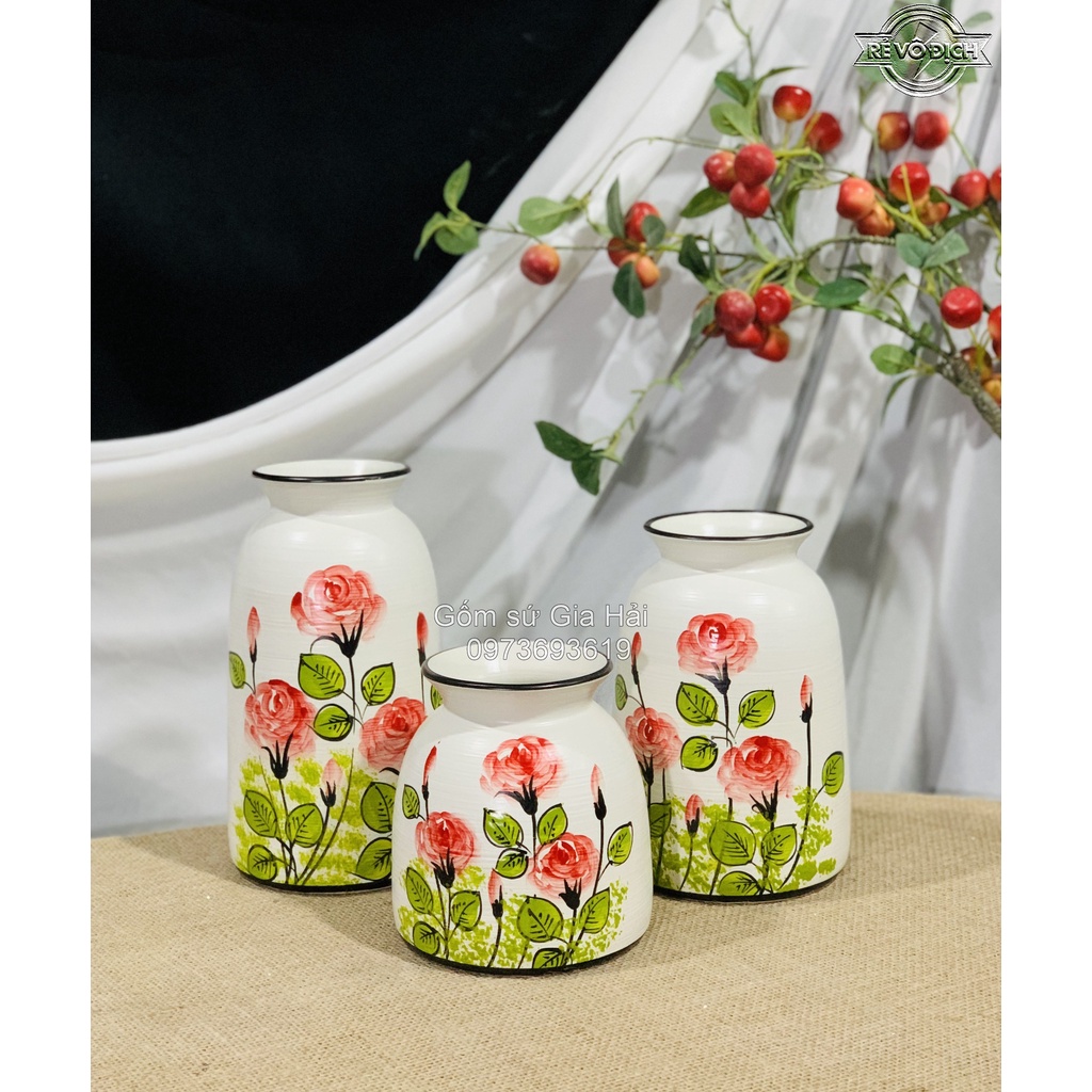 Set 3 lọ hoa decor gốm sứ Bát Tràng cao cấp vẽ hoa Bát Tràng