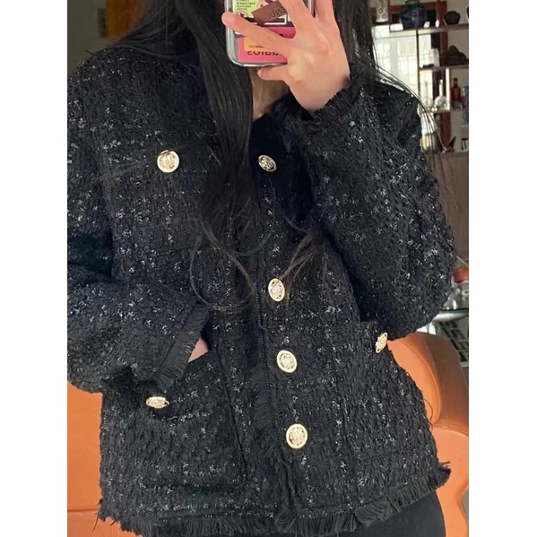 Áo Khoác Tweed Tay Dài Dáng Ngắn Đan Lấp Lánh