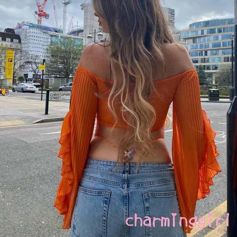 QAQ-Women´s Off Shoulder Short Tops Long Sleeve Halter Neck Solid Color Ruched Crop Tops