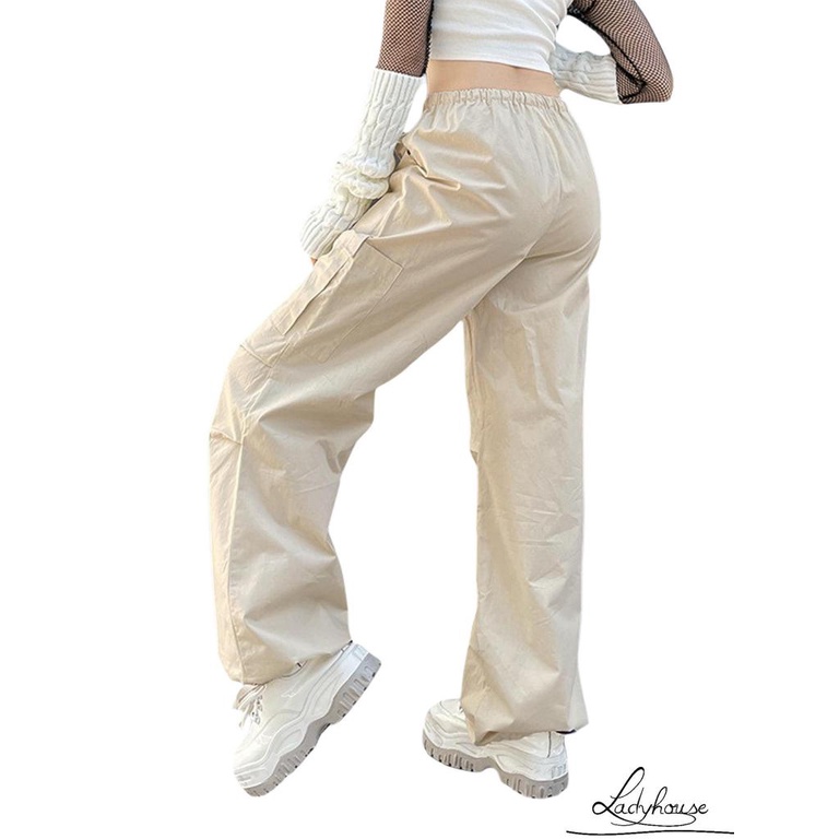 Ldd-Quần ống rộng Dây Rút Nhiều Túi Màu Trơn Vừa Vặn Cho Nữ