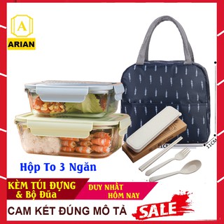 [CHIA 3 NGĂN] Bộ 2 Hộp Cơm Thuỷ Tinh Chia 3 Ngăn Kèm Túi Và Bộ Đũa, Hộp Đựng Cơm Văn Phòng Thủy Tinh Cao Cấp