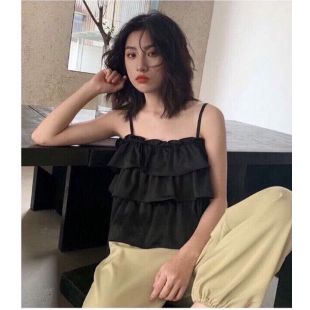 Áo Hai Dây Nữ Viền Bèo 3 Tầng 🦋 Áo Đũi Nữ Croptop Hở Lưng Đen Trắng