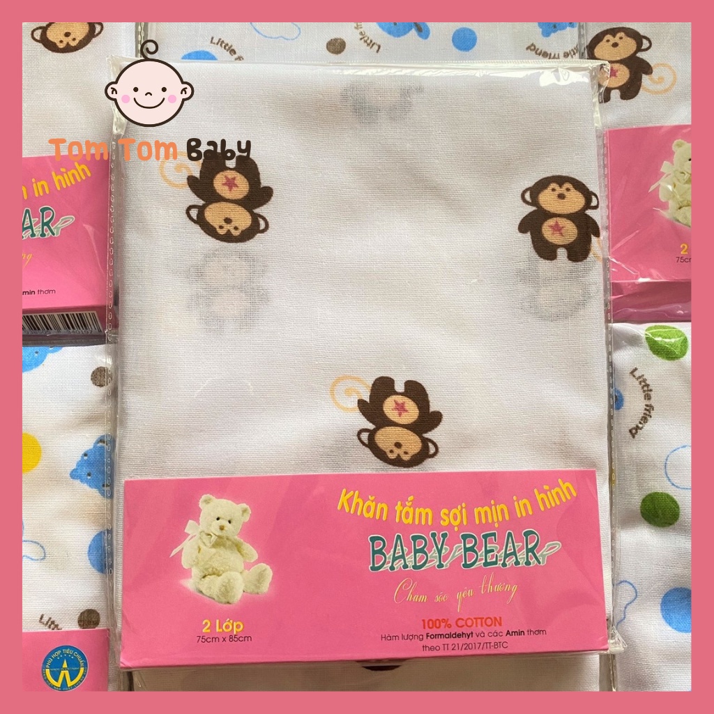 Túi 1 cái Khăn tắm sơ sinh in hình sợi mịn Baby Bear - Kích cỡ khăn 75x95 cm