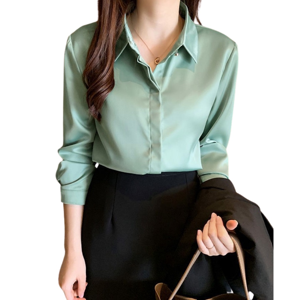 Áo sơ mi dài tay nữ trơn mềm nhiều màu chất lụa cao cấp, Áo sơ mi giấu cúc công sở basic dễ phối đồ - A04