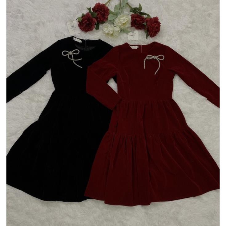 Bán sỉ váy nhung xòe kèm nơ tag đá