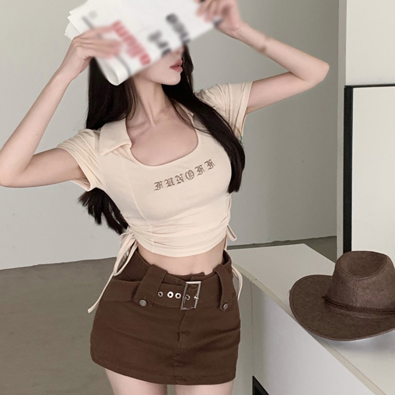 Áo Thun Crop Top Tay Ngắn Dáng Ôm Thêu Chữ Phối Dây Rút Thời Trang Mùa Hè Cho Nữ