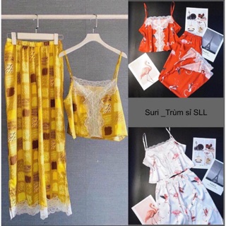 Bộ lụa satin 2 dây phối ren
