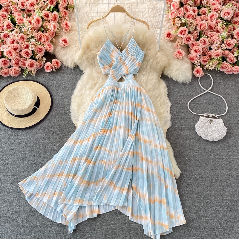 M101 - Váy maxi đi biển hai dây hở lưng đan dây dập ly lệch tà