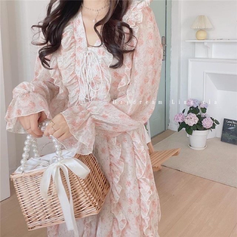 Đầm hoa màu hồng dài tay dáng ngắn thắt dây ngọt ngào Ulzzang kèm ảnh thật 🌷