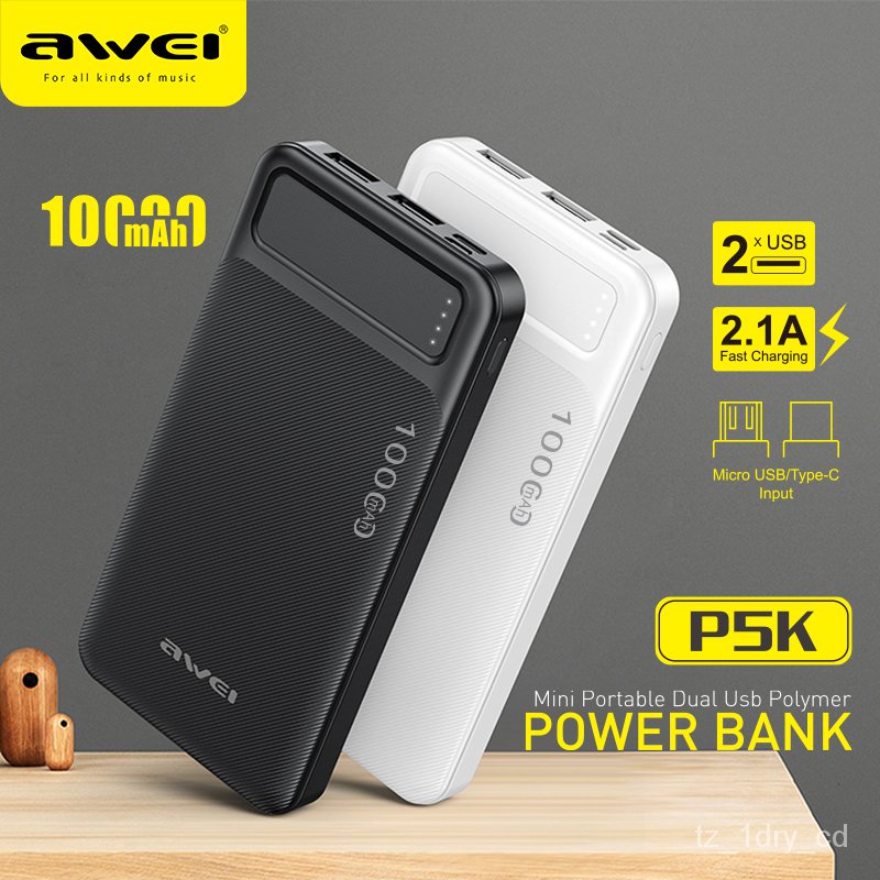 Pin Sạc Dự, Phòng Di Tai Nghe AWEI P5K 10000MAh Kéo USB A Và C Loại Micro Đầu Vào Ghép Nối Nhanh Chóng Phù Hợp Cho Điện 