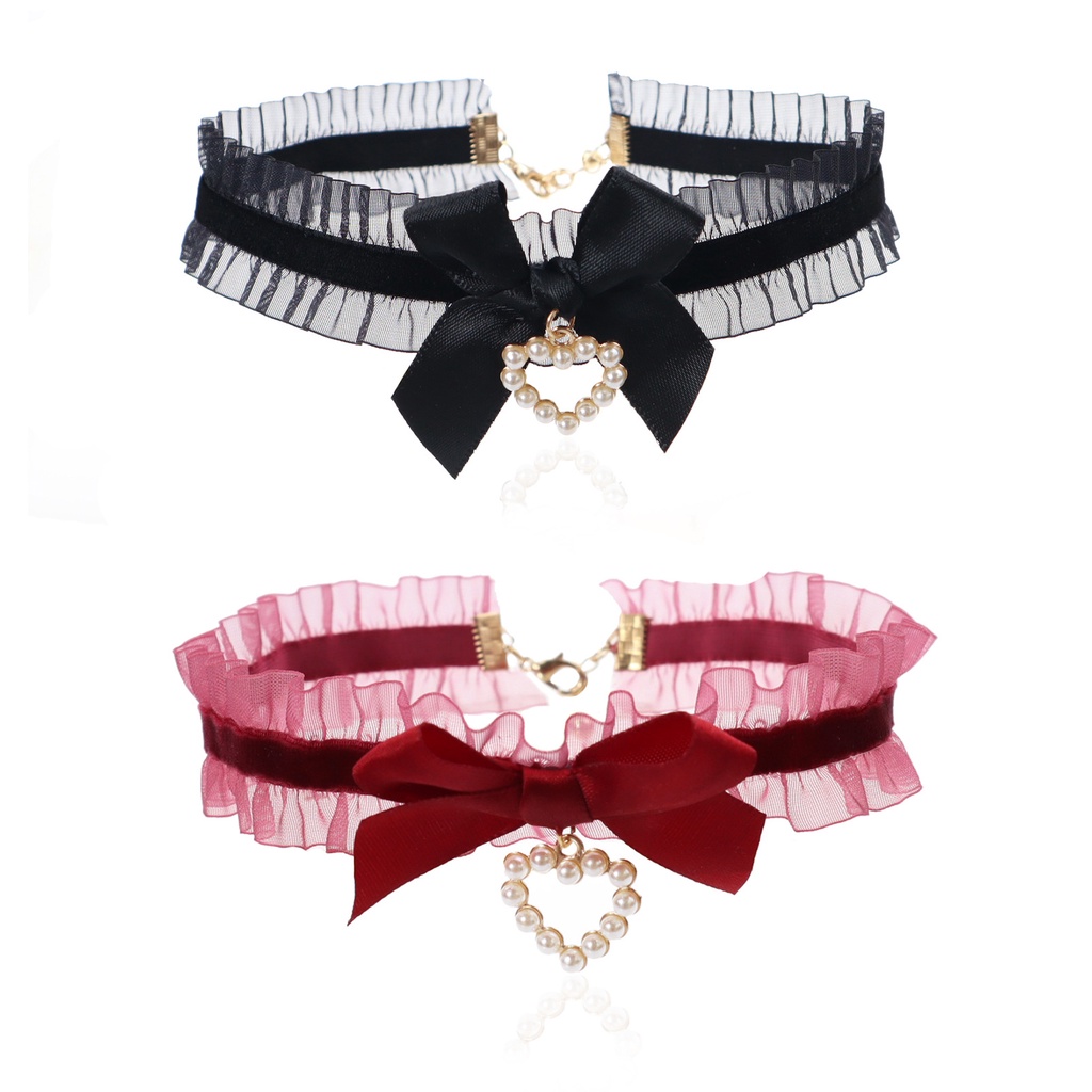 Vòng Cổ choker Dây Xích Mặt Nơ Đen Đính Ngọc Trai Cho Nữ