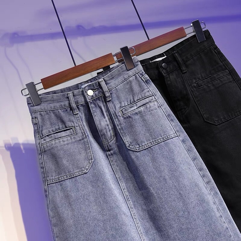Chân Váy  Jeans Lửng Rua Gấu Ốp Túi  Ngoài  Phong Cách  Đơn Giản V02