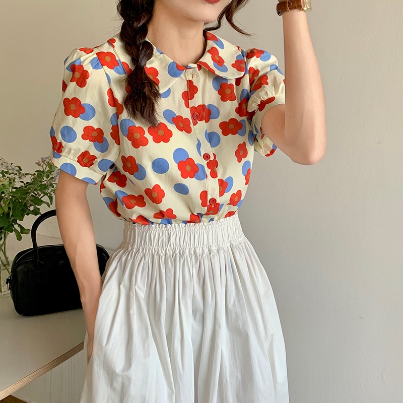Áo Sơ Mi Nữ Tay Ngắn In Hoa Thời Trang Hàn Quốc