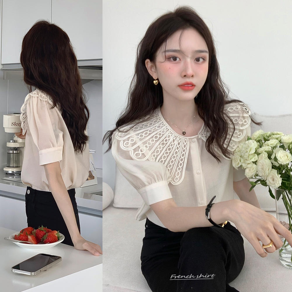 Áo Sơ Mi Tay Ngắn Cài Nút Cổ Phối Ren Phong Cách Retro 50016