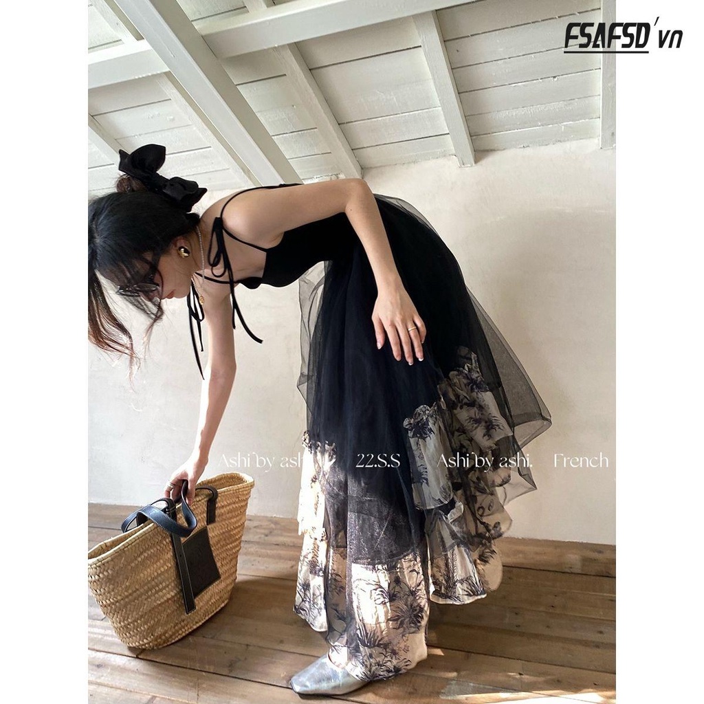 Đầm Hai Dây Màu Đen Phong Cách Retro Quyến Rũ Cho Nữ