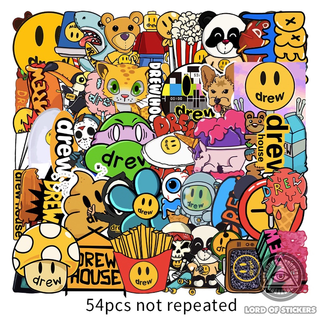 Set 54 Sticker DREW Cực Chất, Hình Dán Drew House Justin Bieber Chống Thấm Nước Trang Trí Mũ Nón Bảo Hiểm, Laptop, Vali