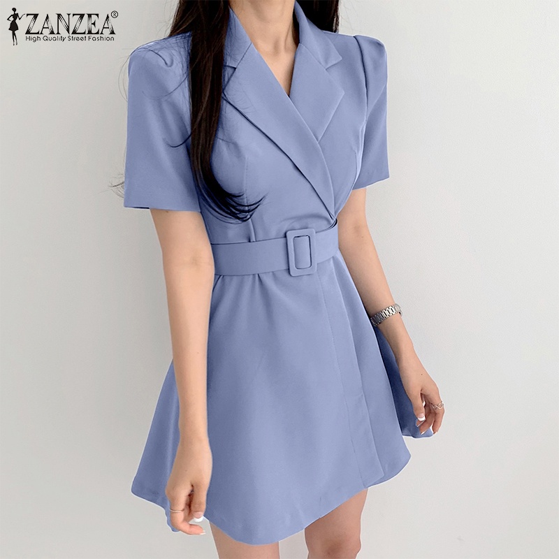 Đầm ZANZEA dáng chữ A tay ngắn có dây thắt lưng phong cách Hàn Quốc thời trang dành cho nữ