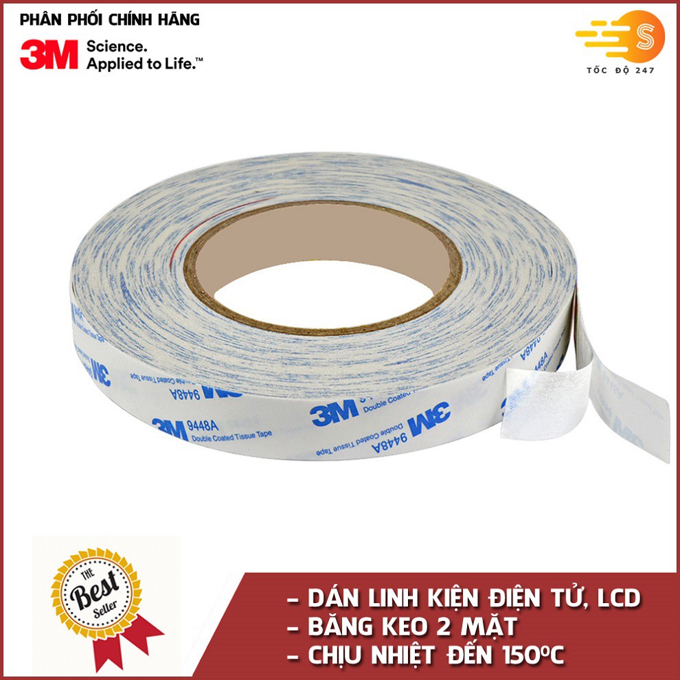 Băng keo 2 mặt chịu nhiệt dán linh kiện điện tử 3M khổ 10mm x 50m 9448A-10