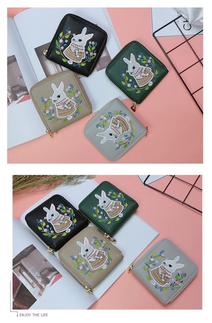 Ví thêu thỏ xinh xắn, ví da pu, ví ngắn mini