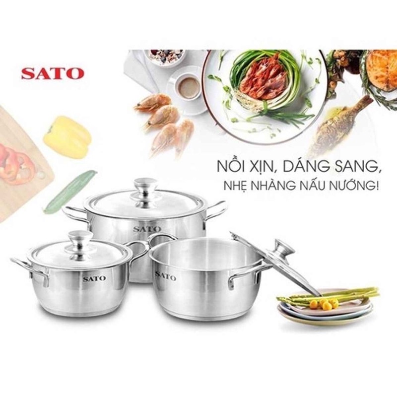 Bộ Nồi Inox 3 Đáy SATO ST BI322 BH 12TH,Chất Liệu Inox201 Siêu Bền Và An Toàn Cho Sức Khoẻ, Mua kèm bếp điện từ giảm sốc