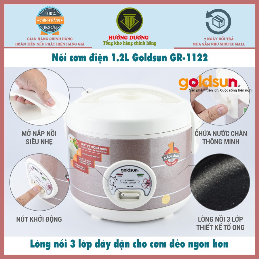 Nồi cơm điện 3 lớp dày dặn Goldsun 1,2 lít GR-1122 - Công suất 500W