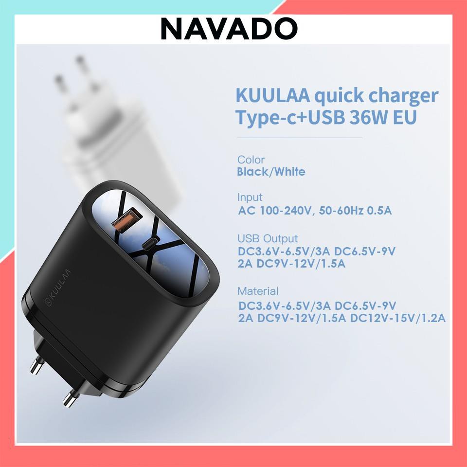 Cốc Sạc Nhanh 2 Cổng Usb - Type C Qc3.0 Kuulaa 36w Dành Cho điện thoại Xiaomi Iphone Huawei Oppo PD36W