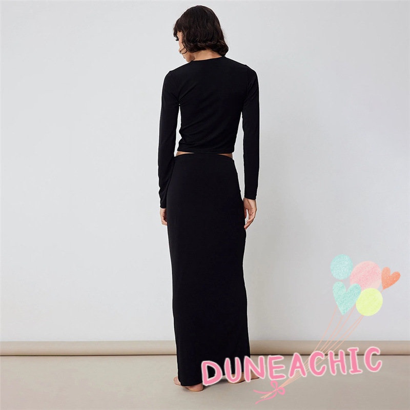 DUNEA Set Áo Thun Tay Dài Cổ Chữ V + Chân Váy Maxi 2 Lớp Màu Trơn Cho Nữ