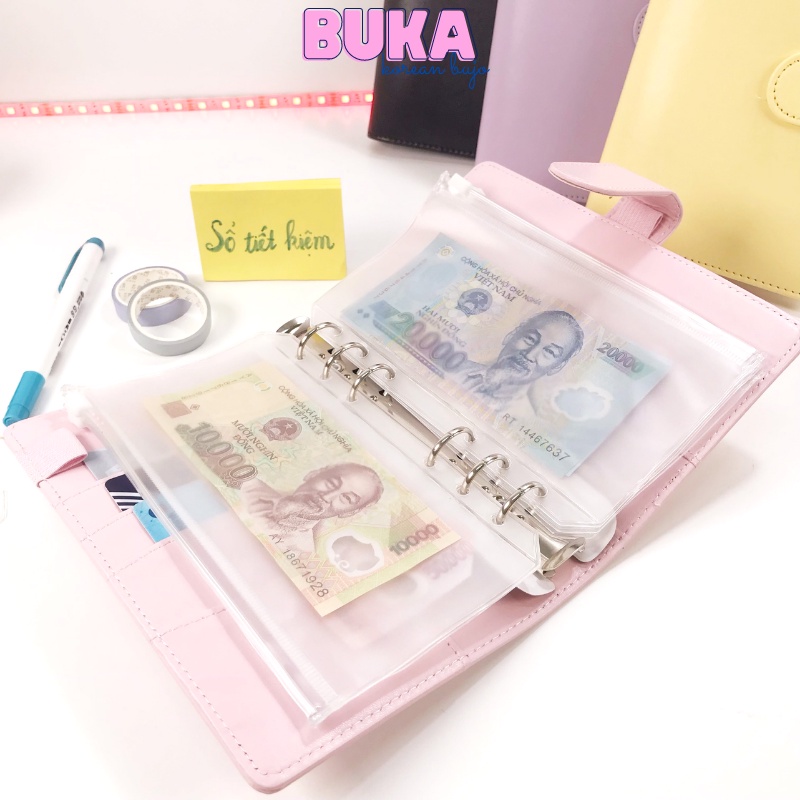 Sổ tiết kiệm đựng tiền Buka sổ bìa da A6 cao cấp nhiều ngăn túi zip đựng tiền chi tiêu thông minh combo sổ + túi zip