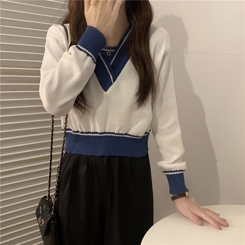 Áo sweater nữ dệt kim tay dài cổ V thời trang phong cách Hàn Quốc