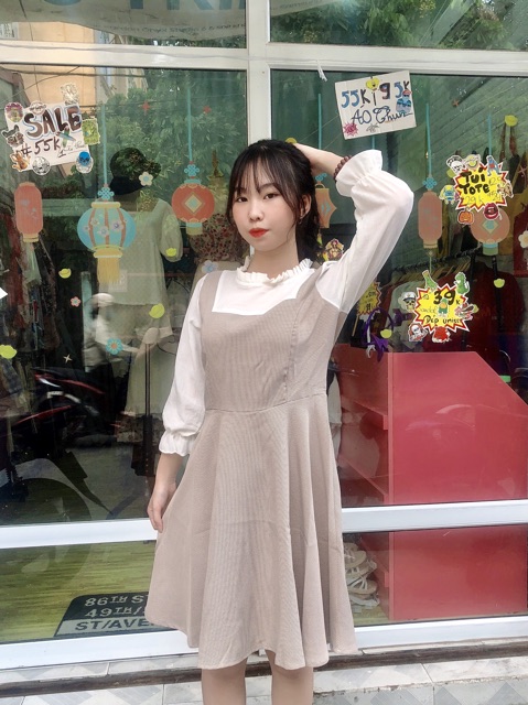 Đầm basic xoè caro phối tay trắng tiểu thư