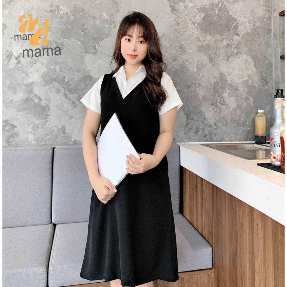 [BÁN SỈ] Đầm váy bầu công sở 2MAMA dáng suông thiết kế sơ mi pha màu đen trắng V44 New *