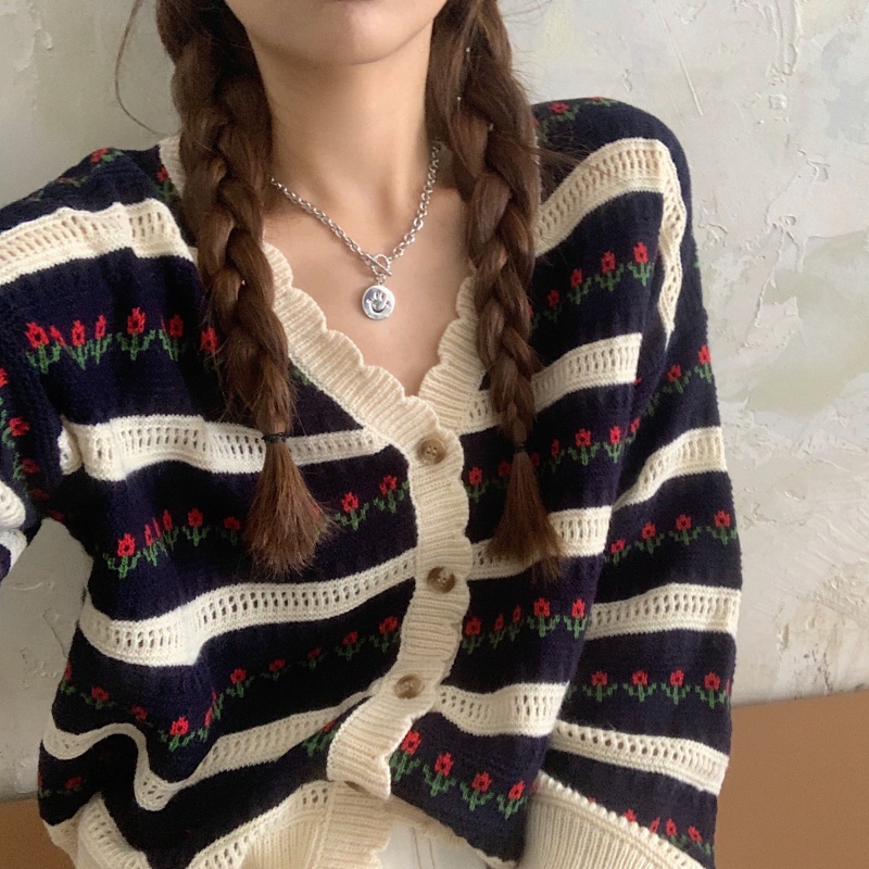 【ZHELIHANGFEI】Áo Cardigan Dệt Kim Tay Dài Cổ Chữ V Lưng Cao In Hoa Xinh Xắn