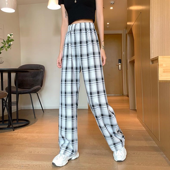 Korean Style Women Casual High Waist Loose Slim All-match Plaid Long Wide Leg Straight Pants Palazo