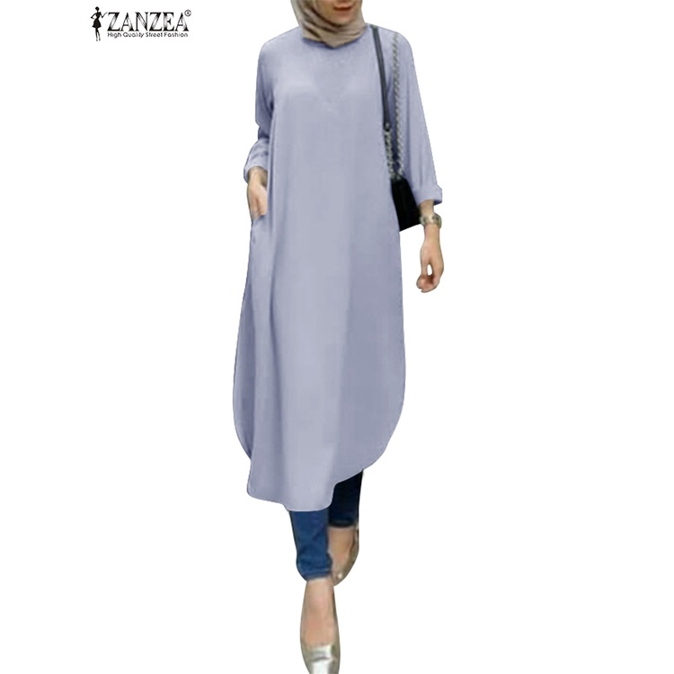 ZANZEA Đầm Dài Màu Trơn Tay Dài Thời Trang Cho Phụ Nữ Hồi Giáo