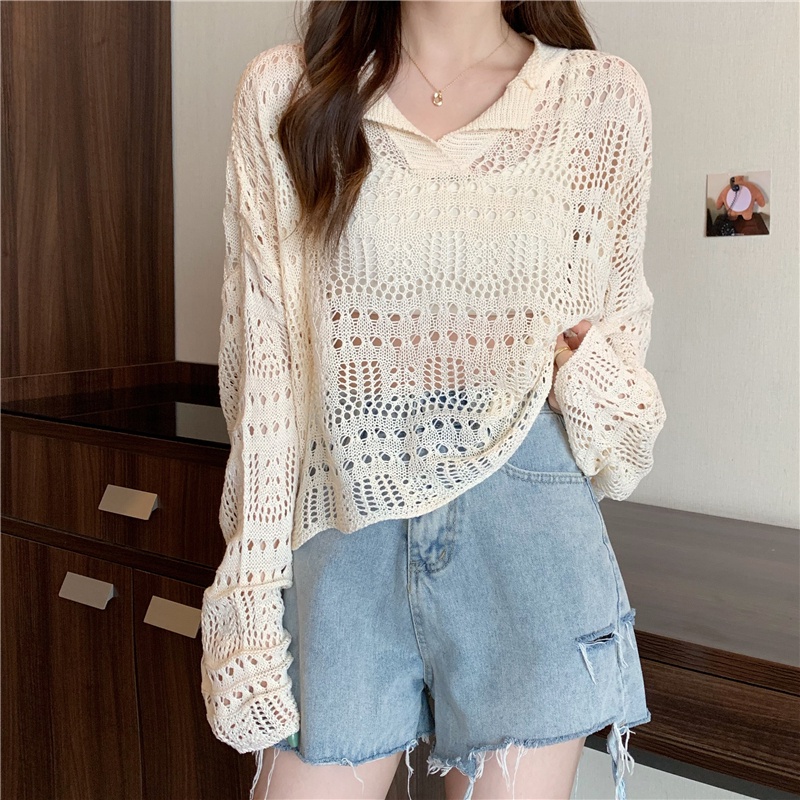 【ZHELIHANGFEI】Áo Dệt Kim Tay Dài Cổ Chữ V Dáng Rộng Xinh Xắn Thời Trang