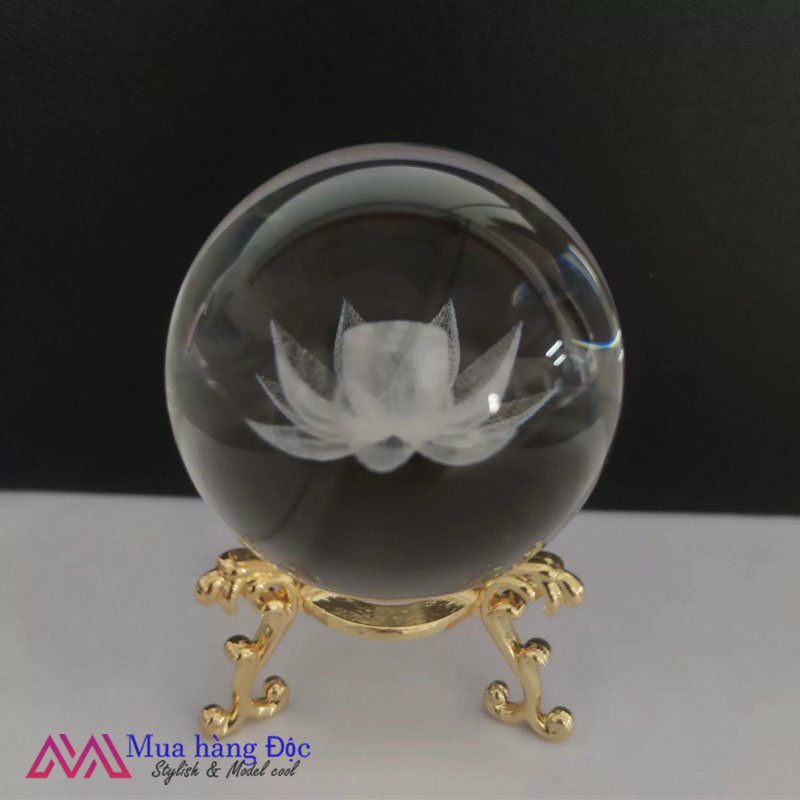 Bộ quà tặng quả cầu Pha lê khắc 3D hoa sen (tặng đế đèn + hộp quà)