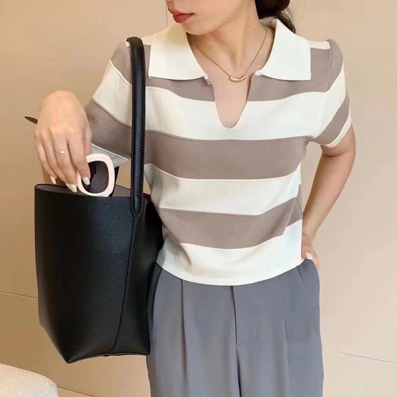 Áo thun polo ZHELIHANGFEI dệt kim tay ngắn kẻ sọc dễ phối đồ sành điệu