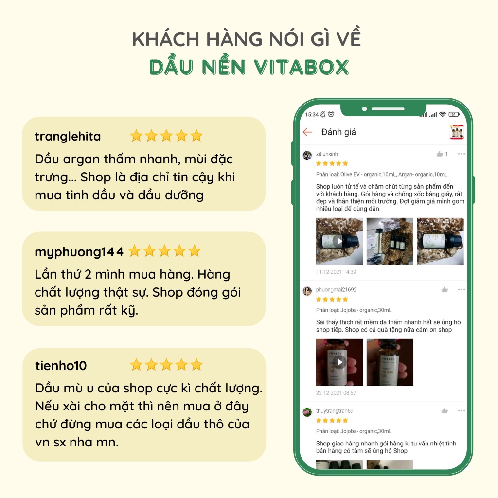 Dầu nền hữu cơ ép lạnh VITABOX Organic Carrier oil Argan Jojoba Avocado Grapeseed tinh dưỡng da mặt body tóc massage