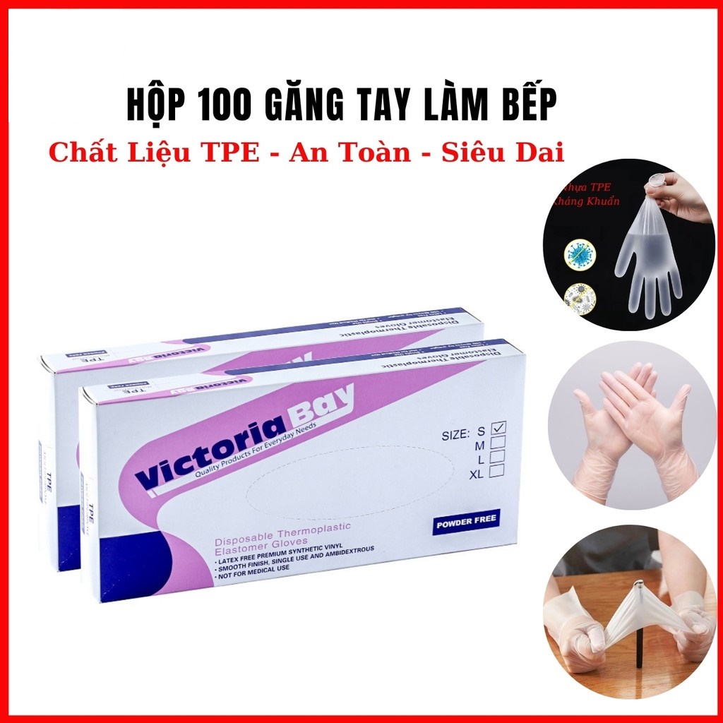 Hộp 100 Găng Tay Cao Su Tpe Victoria Bay Siêu Dai Dùng 1 Lần Làm Bếp Nấu Ăn Vệ Sinh