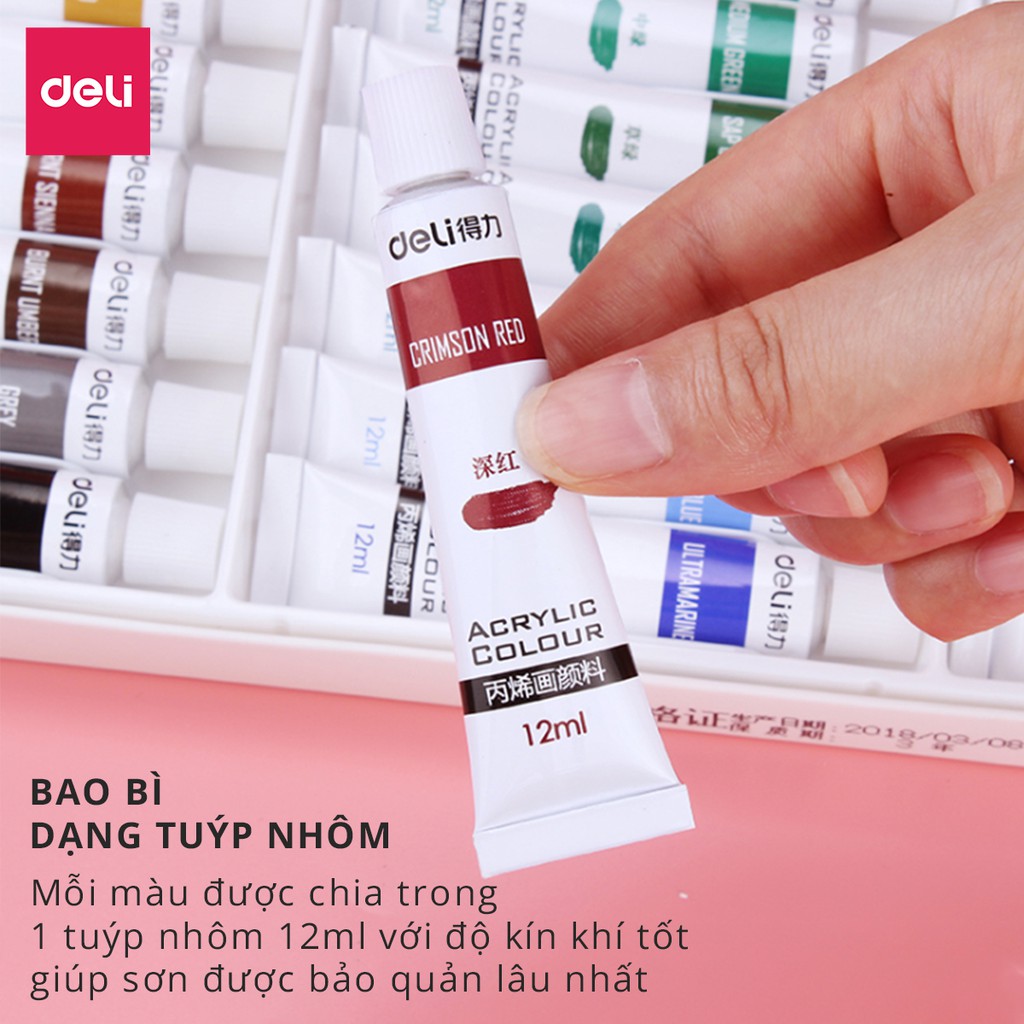 Màu Acrylic chuyên nghiệp Deli - 12ml/tuýp - vẽ vải / vẽ quần áo / vẽ giày - 12/18/24 màu - 73856 / 3857 / 73858 .