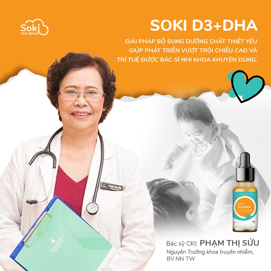 Siro SOKI D3+DHA Giúp Trẻ Hấp Thu Canxi, Tăng Chiều Cao, Phát Triển Trí Não Và Thị Lực Lọ 20ml