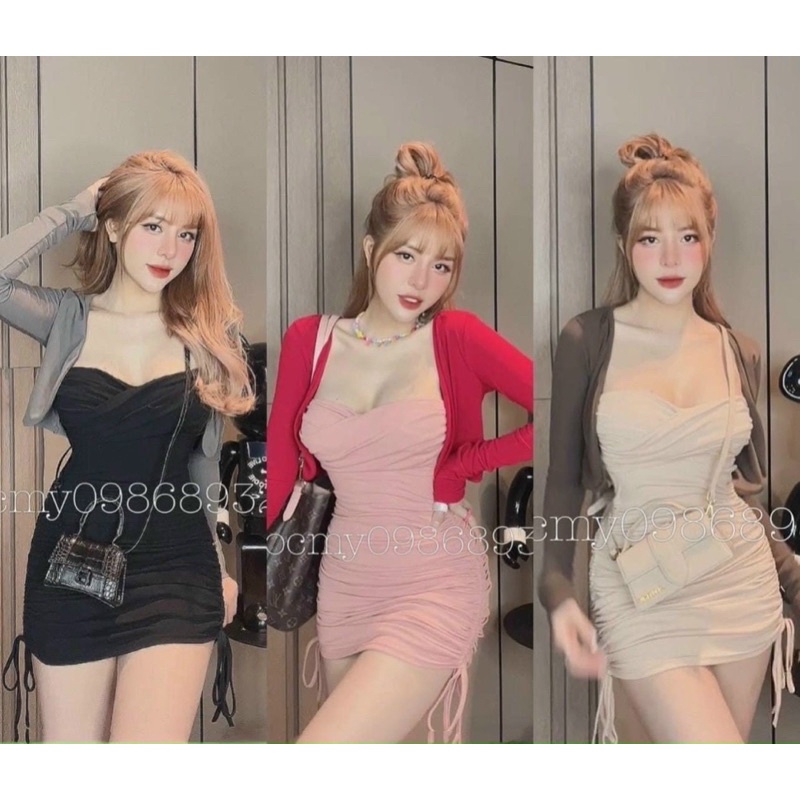 Set Đầm 2 Dây Xoén Ngực Nhún Rút 2 Bên Kèm Khoác Croptop Siêu Phẩm 4567