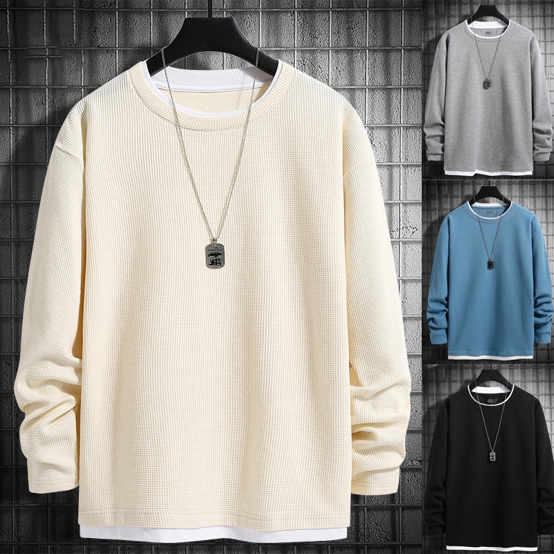 Áo Thun Nam Dài Tay Cổ Tròn Giả Hai Lớp Thời Trang